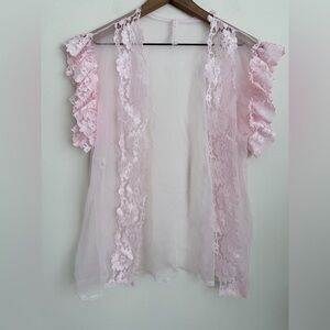 Alana Gale pink sheer lace open front cover up lingerie top vintage ballet fairy